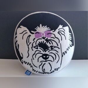 POTTERY BARN TEEN YORKIE-MALTESE BOW EMBROIDERED ROUND 14” THROW PILLOW BEDROOM